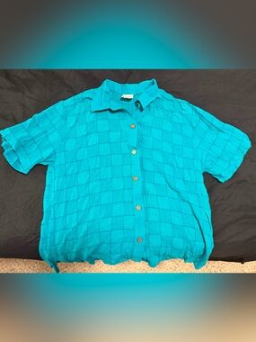 Vintage Teal Short-Sleeve Button-Down Beach Shirt